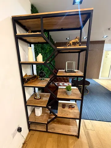 Industrial-style open shelving unit / room divider - solid wood  metal frame