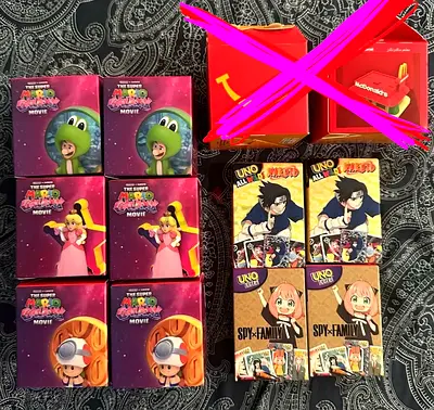 McDonald Happy Meal’s Toys Lot UNO Card Packs and Super Mario Movie Figures