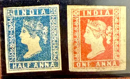 India 1854 unused half Anna and one Anna stamp from 1854