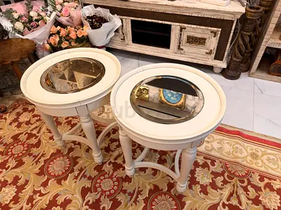 Pair of Vintage White Round Accent Side Tables with Glass Inset