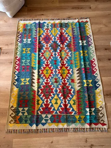 Authentic Handmade Turkish Kilim Rug – Bold Multicolour Geometric Pattern