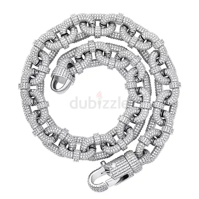 Silver-tone Cuban Link Necklace with Paved Stones (Iced Out)