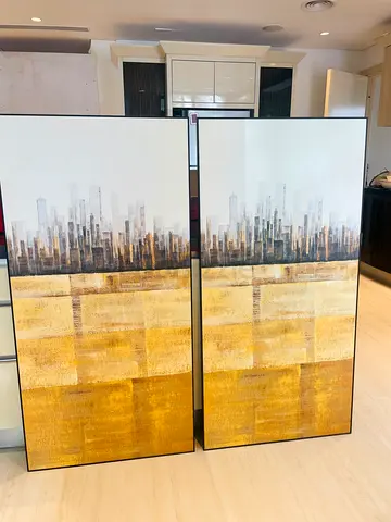 Pair of Large Modern Abstract Cityscape Wall Art Panels - Gold  Neutral