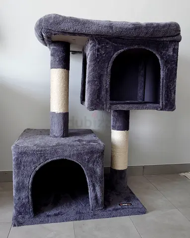 Grey Plush Cat Tree with Two Hideouts and Scratching Posts
