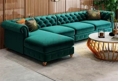 Emerald Green Velvet Chesterfield L-Shaped Sofa - Left Chaise
