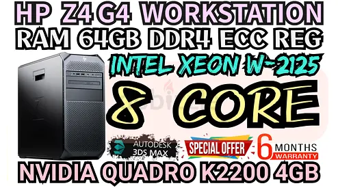 HP Z4 G4 WORKSTATION 8 CORE INTEL XEON W-2125 NVIDIA QUADRO K2200 4GB DDR5 RAM 64GB DDR4 ECC REG