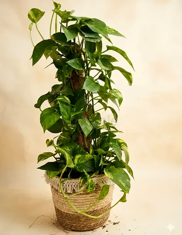 Healthy Pothos (Devils Ivy) on Moss Pole in Decorative Pot