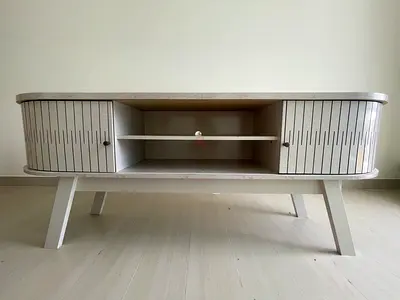 Mid-century Modern White TV Cabinet / Entertainment Unit with Curved Doors