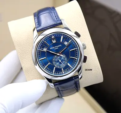 Patek Philippe-style Mens Blue Dial Leather Strap Suoer Master Copy Watch