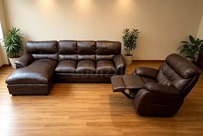 Dark Brown Leather 3-Seater Sectional Sofa with Chaise + Recliner