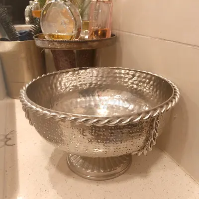 Decorative Hammered Silver Bowl on Pedestal - Small Centerpiece