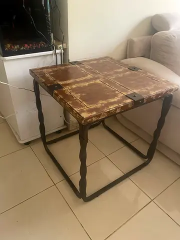 Vintage distressed wooden side table with twisted metal legs - 2 pieces