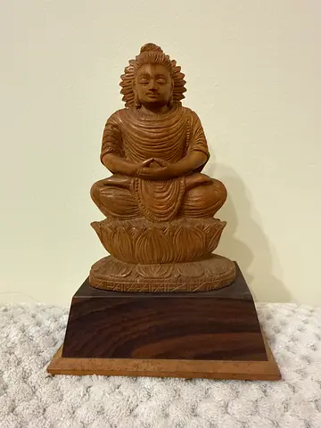 Hand-carved Sandalwood Buddha Statue on Stand