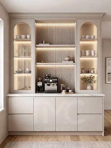 Custom Built-in Kitchen Display Cabinet with Open Shelves and LED Lighting