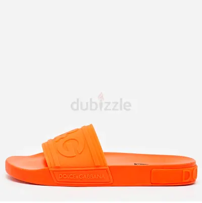 Original Dolce  Gabbana Neon Orange Rubber Logo Flat Slides Size 42