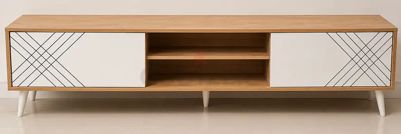 Wooden TV Cabinet with Sliding Doors and Open Shelves