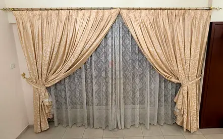 Beige jacquard full-length curtains with sheers — set of panels