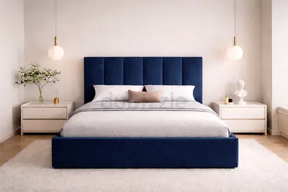 Brand New Blue Upholstered queen Bed with Padded Headboard