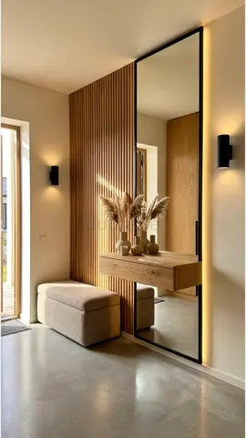 Modern Entryway Mirror with Wood Accent Panel and Floating Console