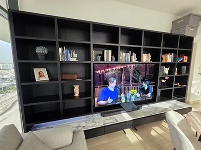 Large Black Wall Unit / Entertainment Center with Shelves and Drawers