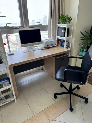 Light wood office desk with storage drawers and shelving — perfect condition