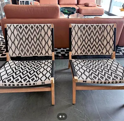 Pair of Black  White Woven Accent Lounge Chairs with Teak Frame from Rattan House