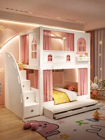 Childrens Princess Style Bunk Bed with Stairs and Trundle