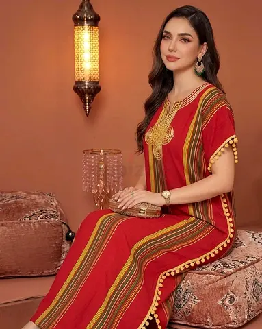 Red Striped Kaftan Dress — Comfortable Traditional Wear