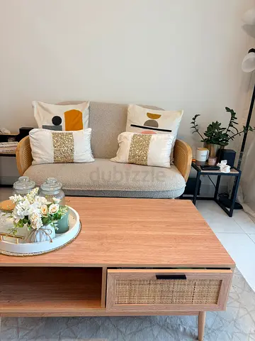 Teddy 2 Seater Sofa with Wooden Coffee Table with Rattan Drawer