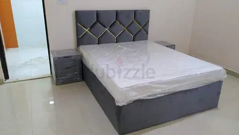 Grey Upholstered Queen Family Bed with mattress and Two Nightstands —Brand new