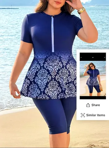 XL-1XL Navy Short Sleeve Plus-Size Modest Swimwear Set with Peplum Top