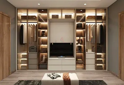 Built-in Glass-Door Wardrobe with TV Nook and Integrated Lighting