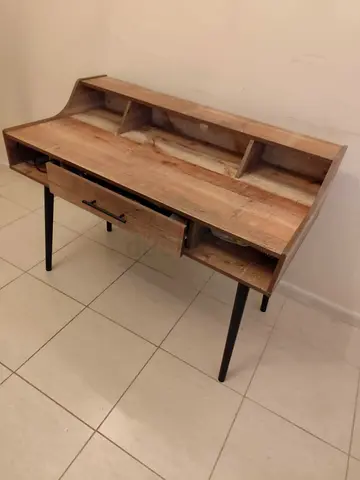 Vintage-style wooden writing desk with storage shelves and drawer