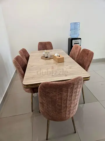 Wooden Dining Table with 6 Pink Velvet Chairs - Good Condition