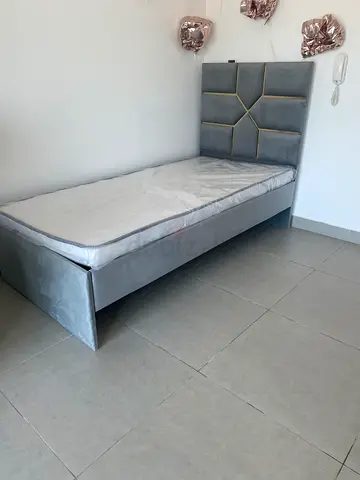 Grey Velvet Double Bed with Padded Headboard - Good Condition