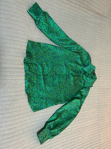 Green silk-like long sleeve button-up blouse with blue dot print - size L