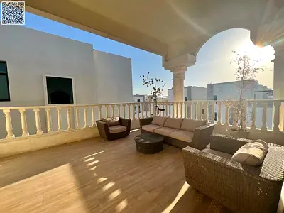 Villa for rent in Al Amerah, 5 bedrooms, central AC, 6 bathrooms, close to all services. The villa consists of 3 floors with a classic design.