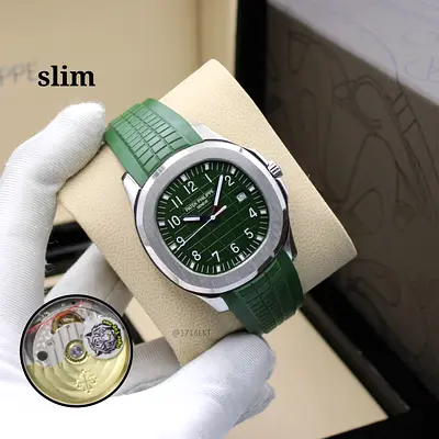 Patek Philippe-style Sport Green Super Master Copy Watch with Rubber Strap (Slim)