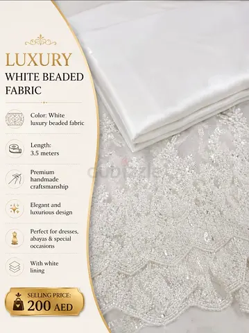 Luxury White Beaded Fabric - 3.5m, Lined, Handmade Embellishments