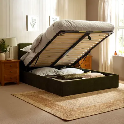 Dark olive green velvet we queen hydraulic bed
