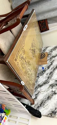 Solid Wood Dining Table with Glass Top - 6 Seater. 2 chairs need repair
