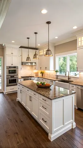 Modern White Kitchen Island with Granite Countertop