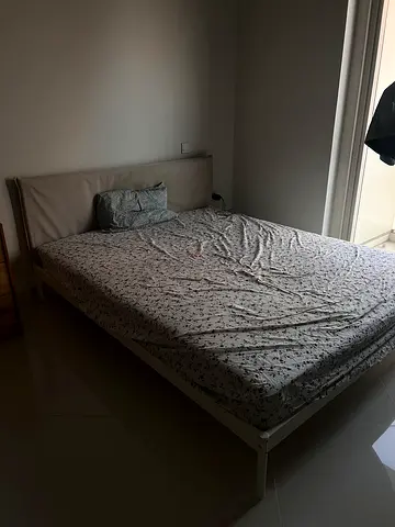 Double bed frame with headboard - simple white metal frame + mattress