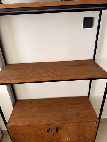 Industrial-style wall shelving unit with wooden cabinet Tv comes with it