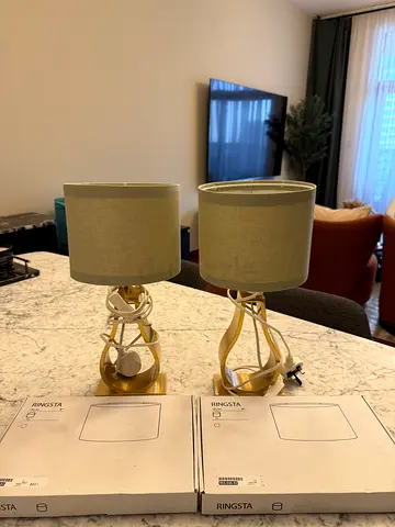 IKEA Pair of gold table lamps with green fabric with 2 new extra shades