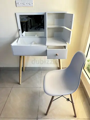 White dressing table with mirror and chair - compact vanity set