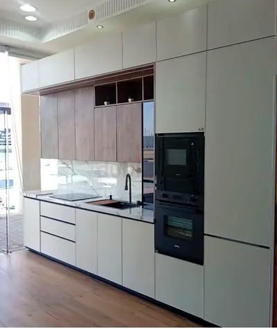 Modern Built-in Kitchen Cabinetry with Appliances - White  Wood Finish