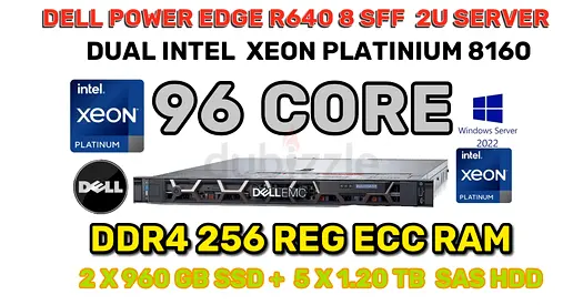 96 CORES+256GB RAM-DELL POWER EDGE R640 8 SFF 1U-2 INTEL XEON PLATINIUM 8160-2 X 960GB SSD+5 X 1.20