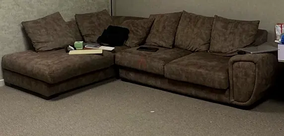 Large L-shaped brown fabric corner sofa - comfortable, good condition