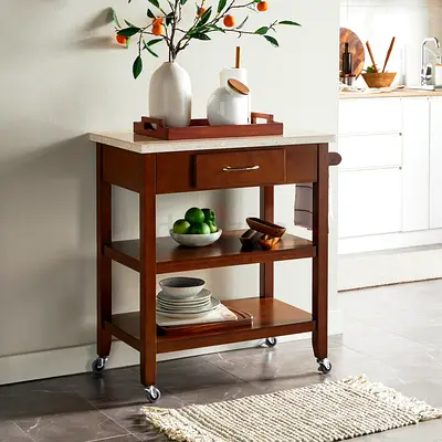 Marble Top Kitchen Island / Cart trolley / Coffee Station - Aesthetic, Wood (92cm)